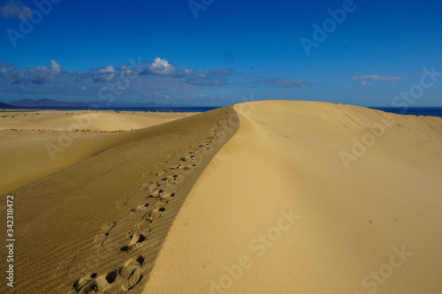 NATURAL PARK CORRALEJO  FUERTEVENTURA - JANUARY 22  2020  Steps on the edge of a white dune 