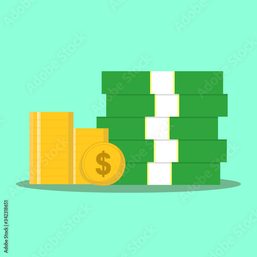 Banknote money pile, gold coins vector design
