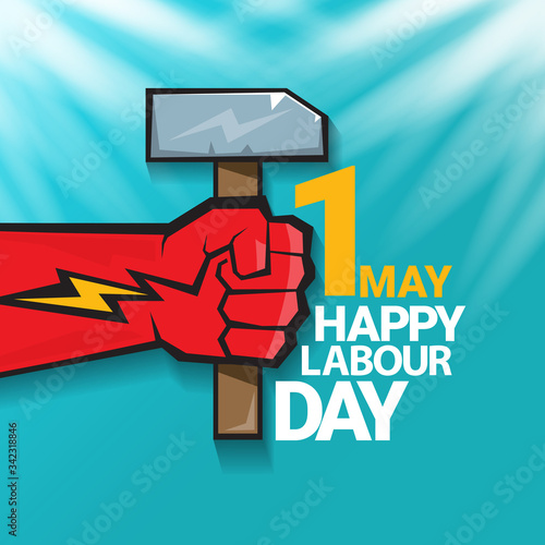 1 may Happy labour day vector label with strong protest fist in the air on blue sky background with rays. vector happy labor day background or banner with man hand. workers may day poster
