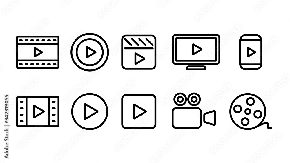 ビデオ動画再生ボタンのアイコン複数セット線画イラスト白黒 Stock Vektorgrafik Adobe Stock