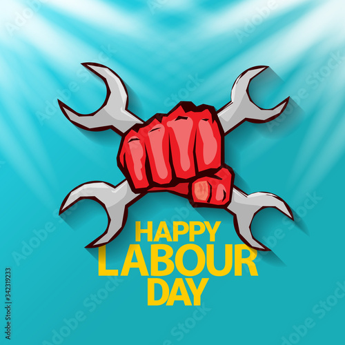 1 may Happy labour day vector label with strong protest fist in the air on blue sky background with rays. vector happy labor day background or banner with man hand. workers may day poster