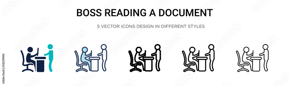 Fototapeta premium Boss reading a document icon in filled, thin line, outline and stroke style. Vector illustration of two colored and black boss reading a document vector icons designs can be used for mobile, ui, web