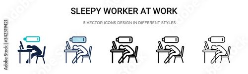 Sleepy worker at work icon in filled, thin line, outline and stroke style. Vector illustration of two colored and black sleepy worker at work vector icons designs can be used for mobile, ui, web