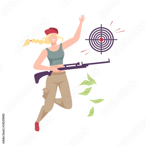 Young Woman Celebrating Her Win Playing Shooting Game, Girl Won Money Prize Flat Vector Illustration