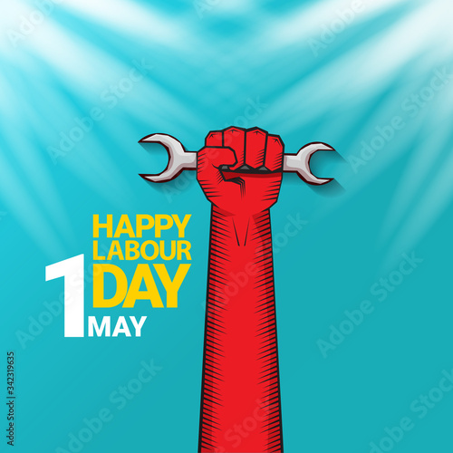 1 may Happy labour day vector label with strong protest fist in the air on blue sky background with rays. vector happy labor day background or banner with man hand. workers may day poster