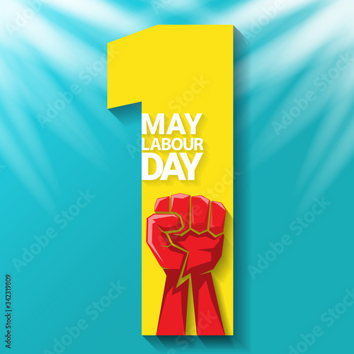 1 may Happy labour day vector label with strong protest fist in the air on blue sky background with rays. vector happy labor day background or banner with man hand. workers may day poster