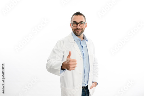 portrait of handsome man male doctor in hospital with a white lab coat studio shot isolated on white background