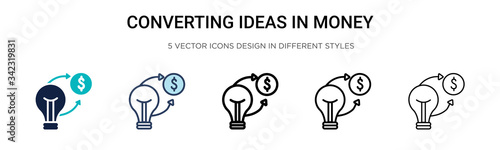 Converting ideas in money icon in filled, thin line, outline and stroke style. Vector illustration of two colored and black converting ideas in money vector icons designs 