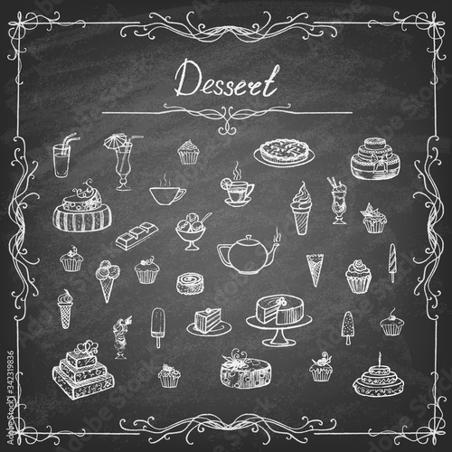 Vintage collection desserts. Sketches of desserts hand-drawn with chalks on blackboard. Vector illustration. 