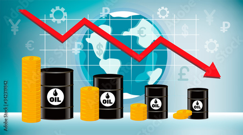 The price of oil is falling. Barrels of oil, money and infographics against the background of the globe and world currencies. Vector illustration, concept on blue background.