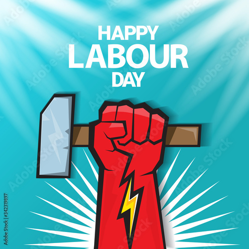 1 may Happy labour day vector label with strong protest fist in the air on blue sky background with rays. vector happy labor day background or banner with man hand. workers may day poster