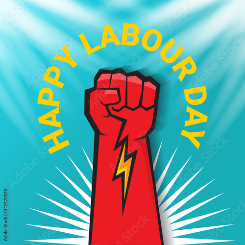 1 may Happy labour day vector label with strong protest fist in the air on blue sky background with rays. vector happy labor day background or banner with man hand. workers may day poster