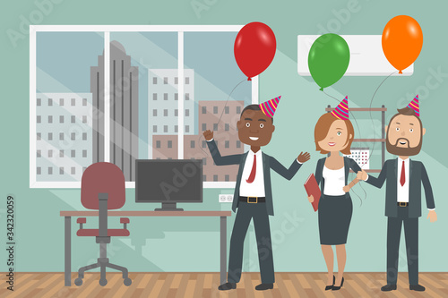 Office people in birthday hats. Vector illustration.