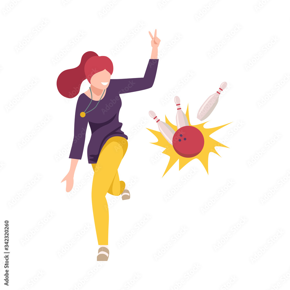 Young Woman Celebrating Her Win in Bowling Game Competition Flat Vector Illustration