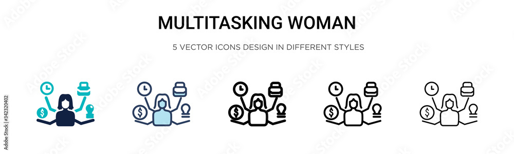 Multitasking woman icon in filled, thin line, outline and stroke style. Vector illustration of two colored and black multitasking woman vector icons designs can be used for mobile, ui, web