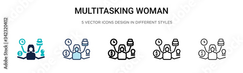 Multitasking woman icon in filled, thin line, outline and stroke style. Vector illustration of two colored and black multitasking woman vector icons designs can be used for mobile, ui, web