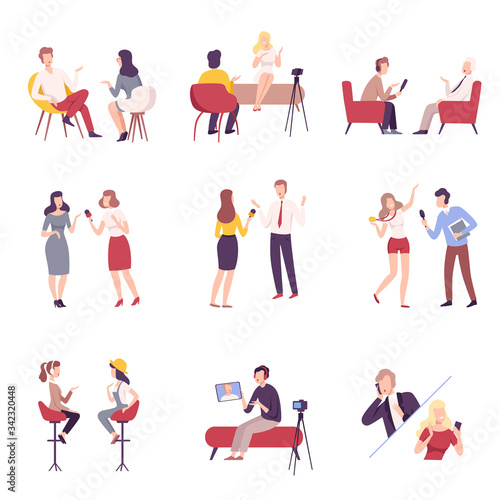 Journalists Interviewing Business People, Celebrities or Politicians Set, Communication, Business Meeting, Interviewing, Online Streaming Flat Vector Illustration