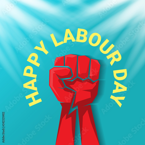 1 may Happy labour day vector label with strong protest fist in the air on blue sky background with rays. vector happy labor day background or banner with man hand. workers may day poster