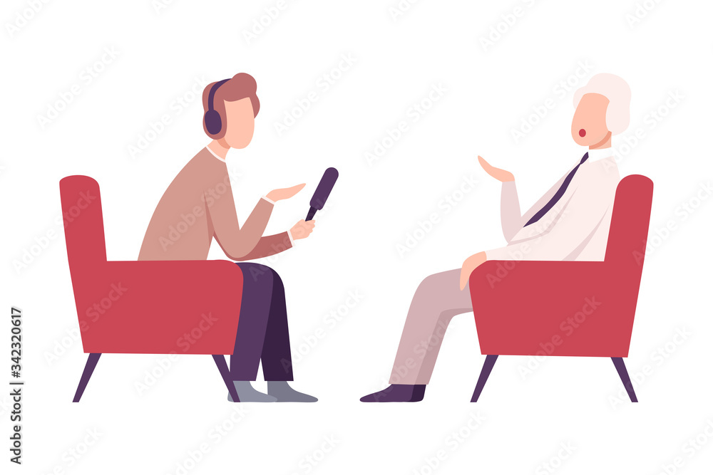 Fototapeta premium Businessman or Politician Giving an Interview in the Presence of Male Journalist with Microphone at Press Conference, Live Report Flat Vector Illustration