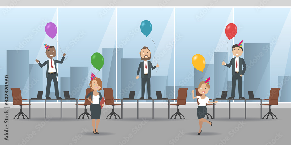 Funny corporate party in international company. Employees stand on tables.  Vector illustration. Stock Vector | Adobe Stock