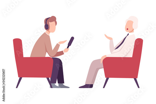 Businessman or Politician Giving an Interview in the Presence of Male Journalist with Microphone at Press Conference, Live Report Flat Vector Illustration