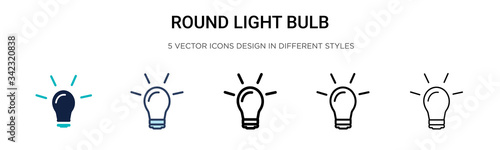 Round light bulb icon in filled, thin line, outline and stroke style. Vector illustration of two colored and black round light bulb vector icons designs can be used for mobile, ui, web