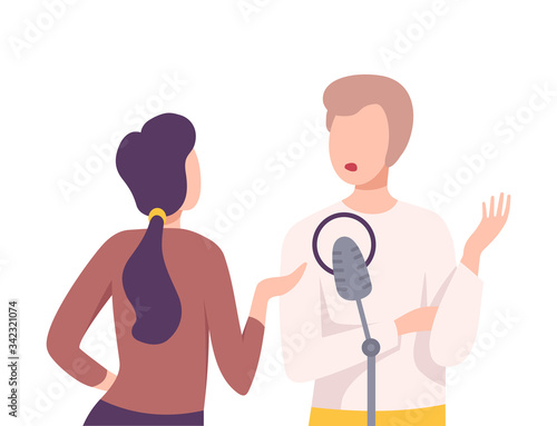 Businessman or Politician Giving an Interview to Female Journalist with Microphone at Studio Flat Vector Illustration