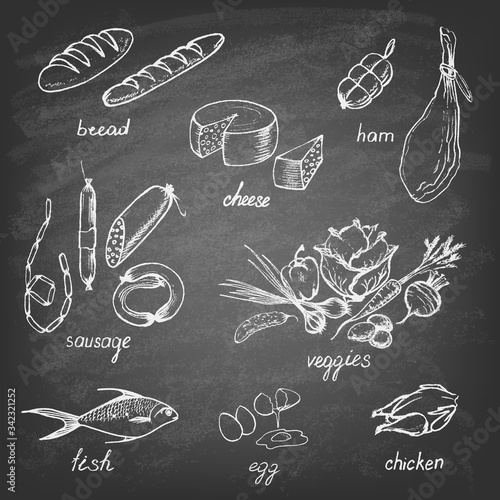 Retro vintage style food design. Hand drawn elements for cooking, vegetables, restaurant and vegetarian food.Vector illustration. 