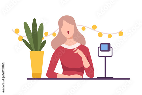 Female Video Blogger Making Video for Blog or Vlog Using Digital Camera Flat Vector Illustration