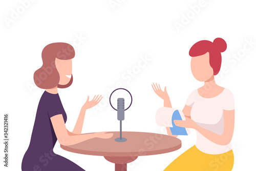 Female Radio Host Interviewing Guest on Radio Station, Two Women in Headphones Talking Flat Vector Illustration