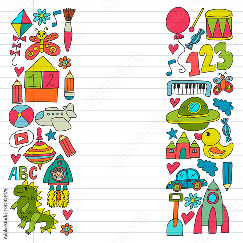 Kindergarten preschool school children. Kids drawing style vector pattern. Play grow learn together.