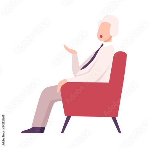 Mature Businessman Sitting in Armchair and Talking Flat Vector Illustration