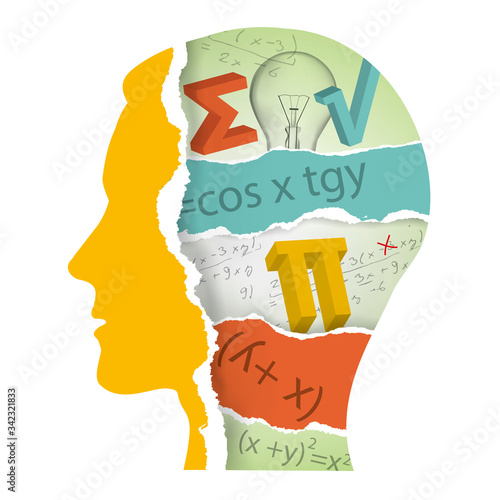 



Student of Mathematics, ripped paper, education concept. 
Torn paper stylized male head with ripped paper fragments with mathematics symbols, formulas and notes. Vector available.