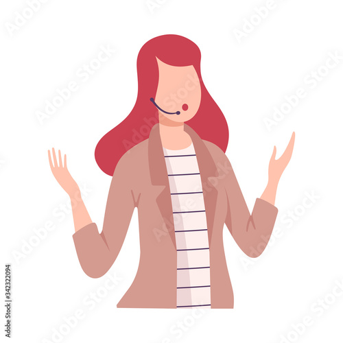Female Journalist Talking, Professional Reporter Character with Headset Interviewing, Presenting News, Telecasting Flat Vector Illustration photo