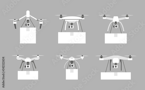Package Delivery Drone, Express Delivery Air Service. Flat Style. isolated on gray background