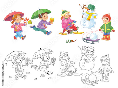 Four seasons. Spring  summer  autumn  winter. Set of 8 pictures. Cute boy and girl are playing outdoors. In the forest. Coloring book. Poster. Illustration for children. Cartoon characters