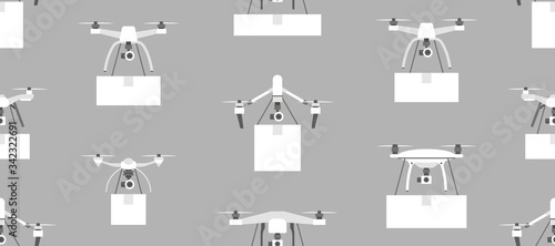Seamless pattern with Delivery air drone with the package. Express Delivery Air Service. Flat Style. isolated on gray background