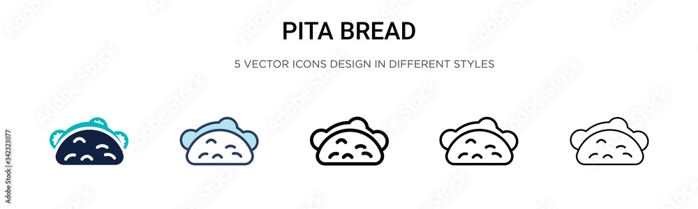 Pita bread icon in filled, thin line, outline and stroke style. Vector illustration of two colored and black pita bread vector icons designs can be used for mobile, ui, web
