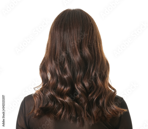 Young woman with beautiful curly hair on white background