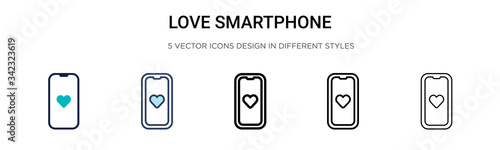 Love smartphone icon in filled, thin line, outline and stroke style. Vector illustration of two colored and black love smartphone vector icons designs can be used for mobile, ui, web