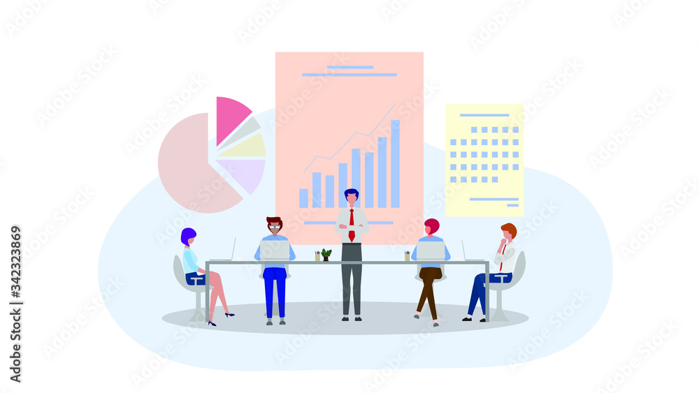 Group of business men and women as a teamwork standing around a meeting table. Graph showing business in background. Vector illustration.