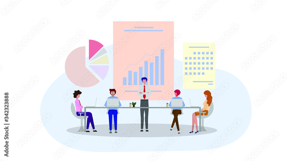 Group of business men and women as a teamwork standing around a meeting table. Graph showing business in background. Vector illustration. Group of business men and women as a teamwork standing around a meeting table. Graph showing business in background. Vector illustration.