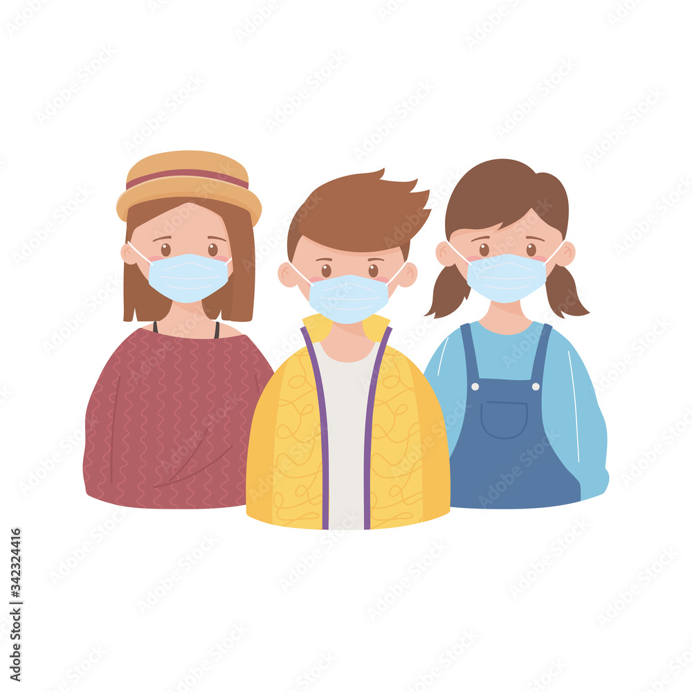 girls and boy with medical mask, prevention recommendation, coronavirus covid 19 girls and boy with medical mask, prevention recommendation, coronavirus covid 19