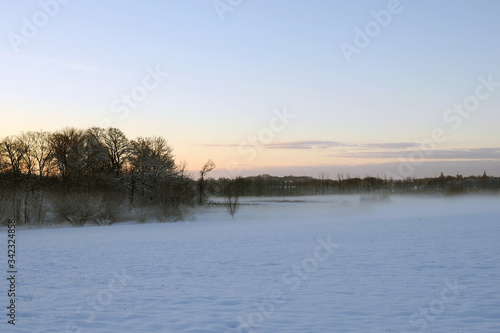 Norddeutsche Winterlandschaft mit Schnee und Fr  hnebel