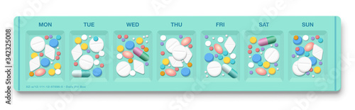 Pill organizer with to many drugs, symbol for overmedication, overdose, hypochondria, medical side effects, addiction to pills and big business of pharma industry. Isolated vector on white.
