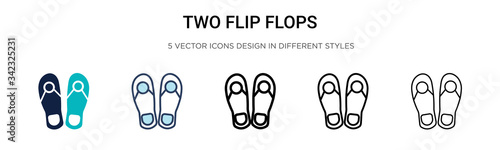 Two flip flops icon in filled, thin line, outline and stroke style. Vector illustration of two colored and black two flip flops vector icons designs can be used for mobile, ui, web