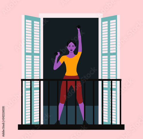 Concept of social isolation during the coronavirus pandemic. The girl is doing sports with dumbbells on the balcony. Stay at home in quarantine.  Flat vector illustration. EPS10.