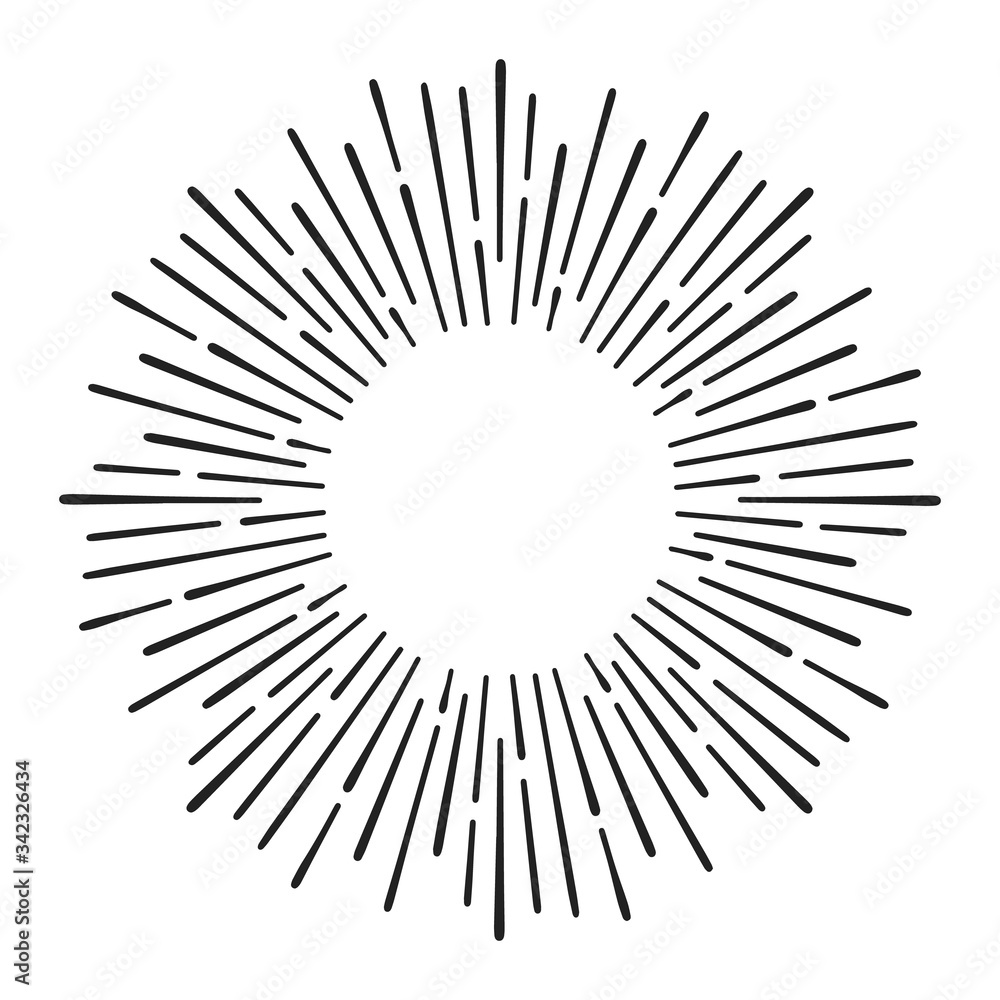Sunburst doodle line art. Hand drawn sun burst, round banner with circle explosion. Retro sketch radial rays, black frame isolated on white background. Monochrome handmade design element Sunburst doodle line art. Hand drawn sun burst, round banner with circle explosion. Retro sketch radial rays, black frame isolated on white background. Monochrome handmade design element