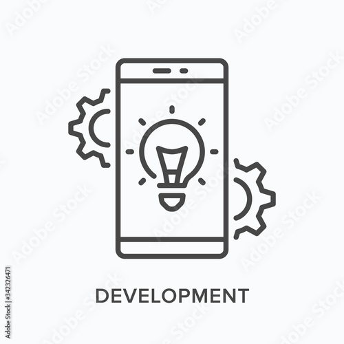 Development line icon. Vector outline illustration of mobile phone, light and cogwheel. Technology engineering pictorgam