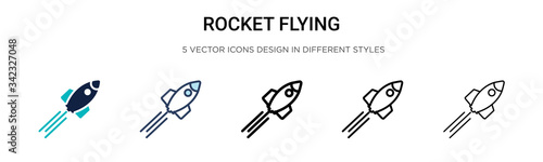 Rocket flying icon in filled, thin line, outline and stroke style. Vector illustration of two colored and black rocket flying vector icons designs can be used for mobile, ui, web